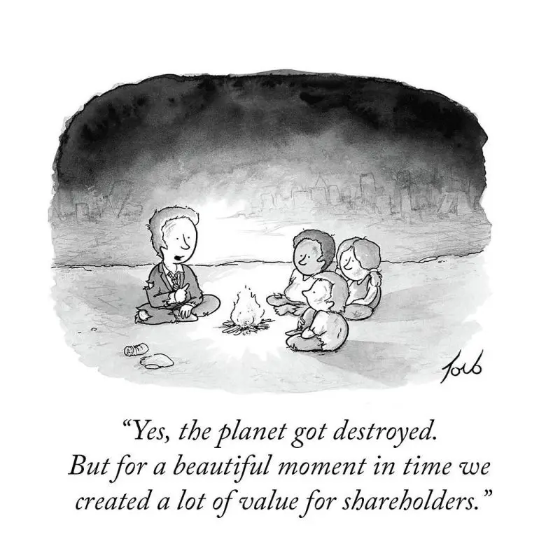 A black-and-white cartoon depicts four people sitting around a campfire in a desolate, smoky landscape with a ruined city…