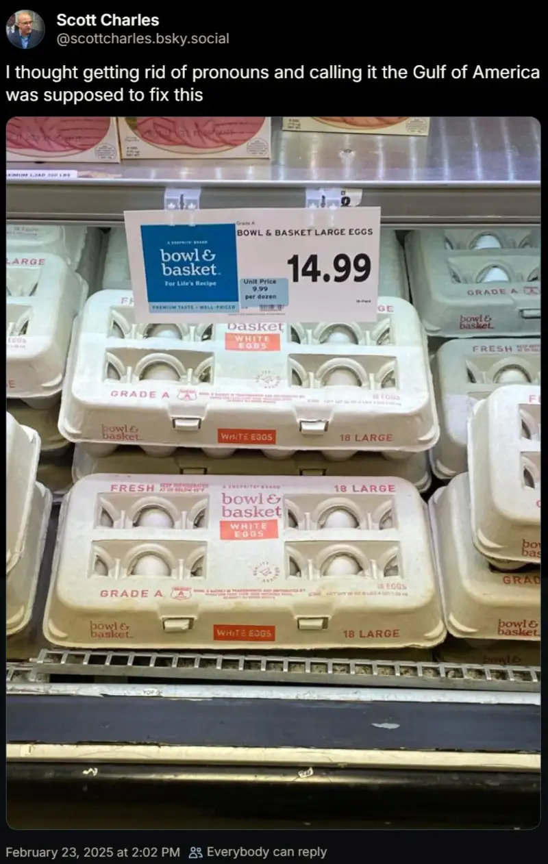 A photo of egg cartons on a supermarket shelf with a price tag showing $14.99 for 18 large white eggs. The overlaid text…