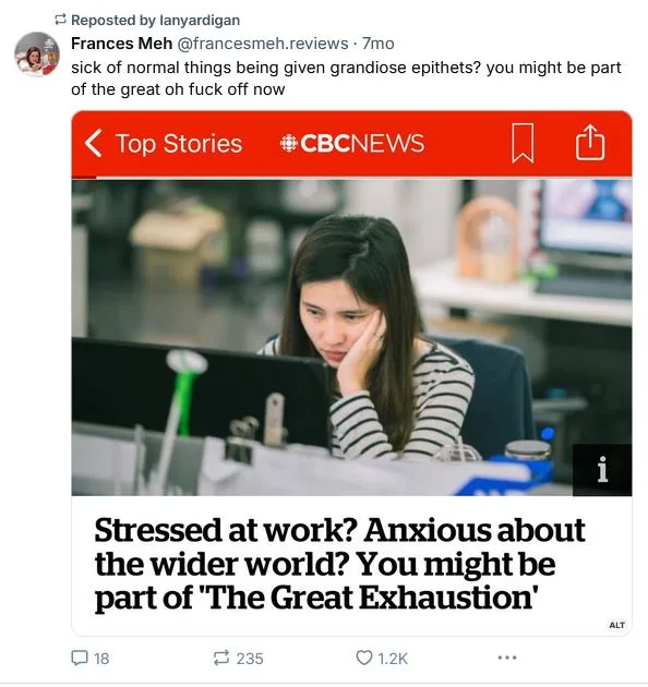 A screenshot of a CBC News article headline overlaid on an image of a woman looking tired and stressed while sitting at a…