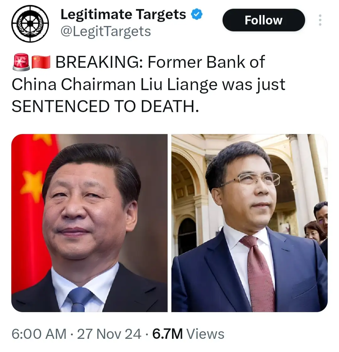 A screenshot of a Twitter post from the account 'Legitimate Targets' shows a breaking news headline claiming former Bank of…