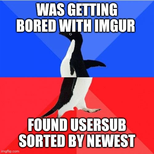 A black-and-white penguin stands centered against a blue-and-red background, with bold white text above reading 'WAS GETTING…