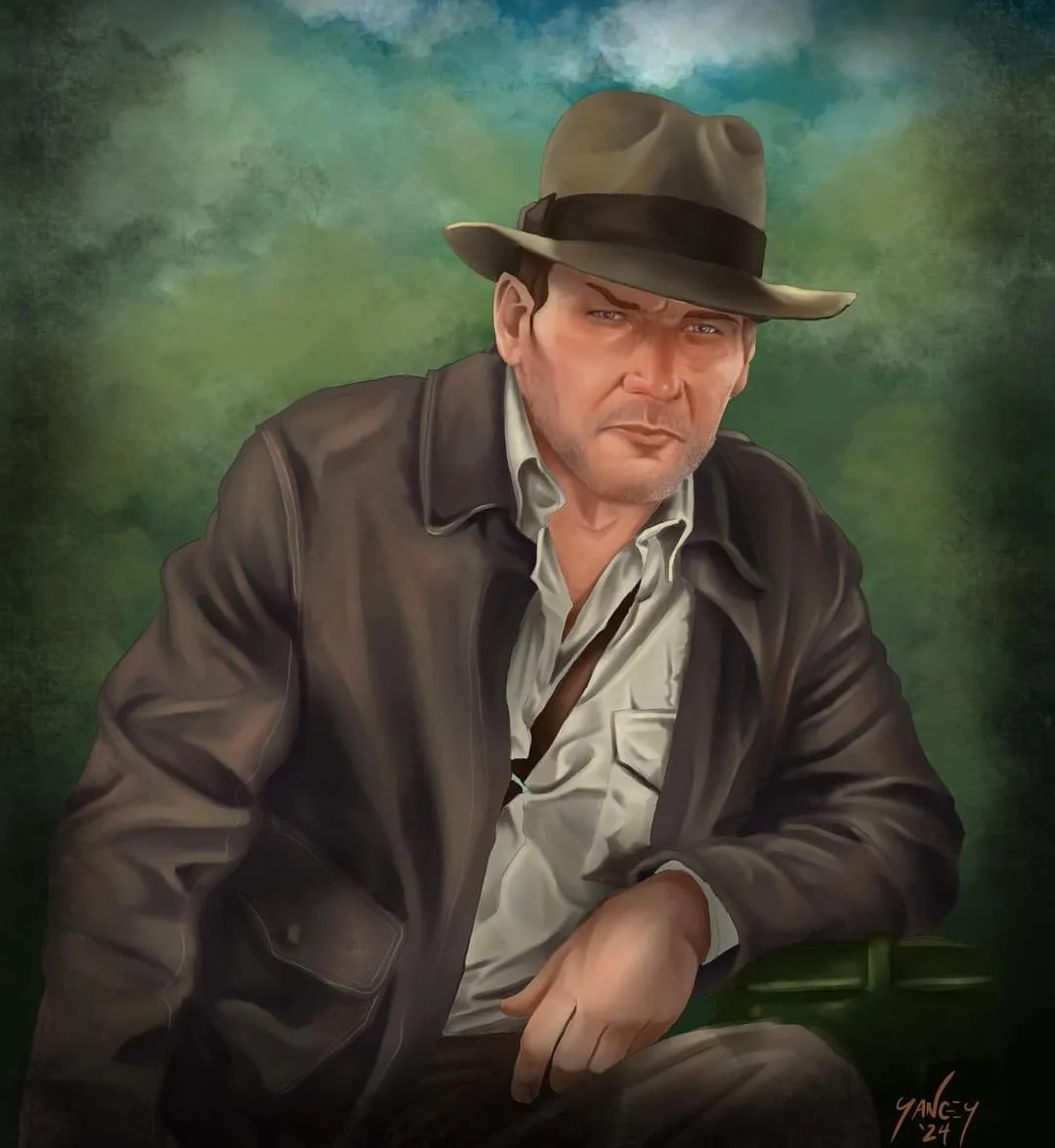 A digital painting of Indiana Jones, wearing his iconic fedora and leather jacket, sitting with a stern, unimpressed…