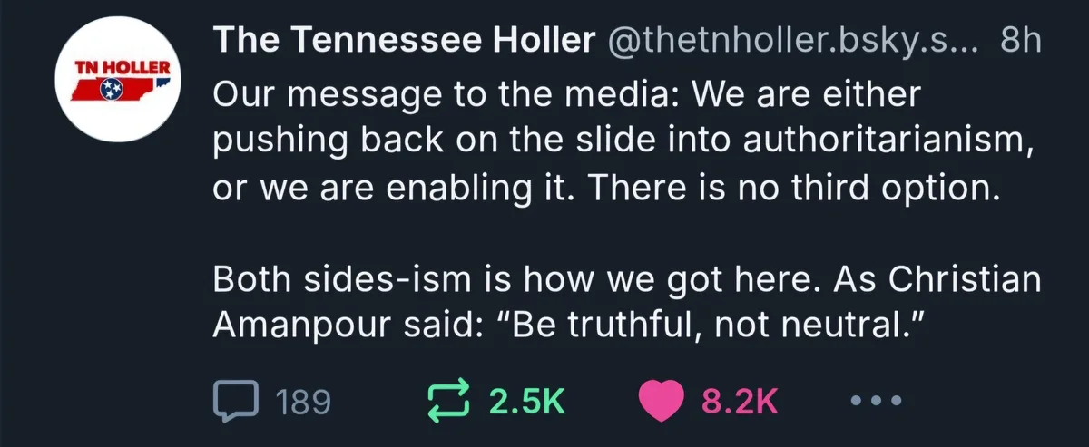 A screenshot of a social media post from 'The Tennessee Holler' with a profile picture showing 'TN HOLLER' over a red…