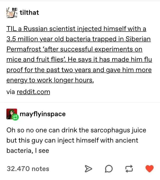 A screenshot of a Tumblr post showing a 'TIL' (Today I Learned) thread. The top post claims a Russian scientist injected…