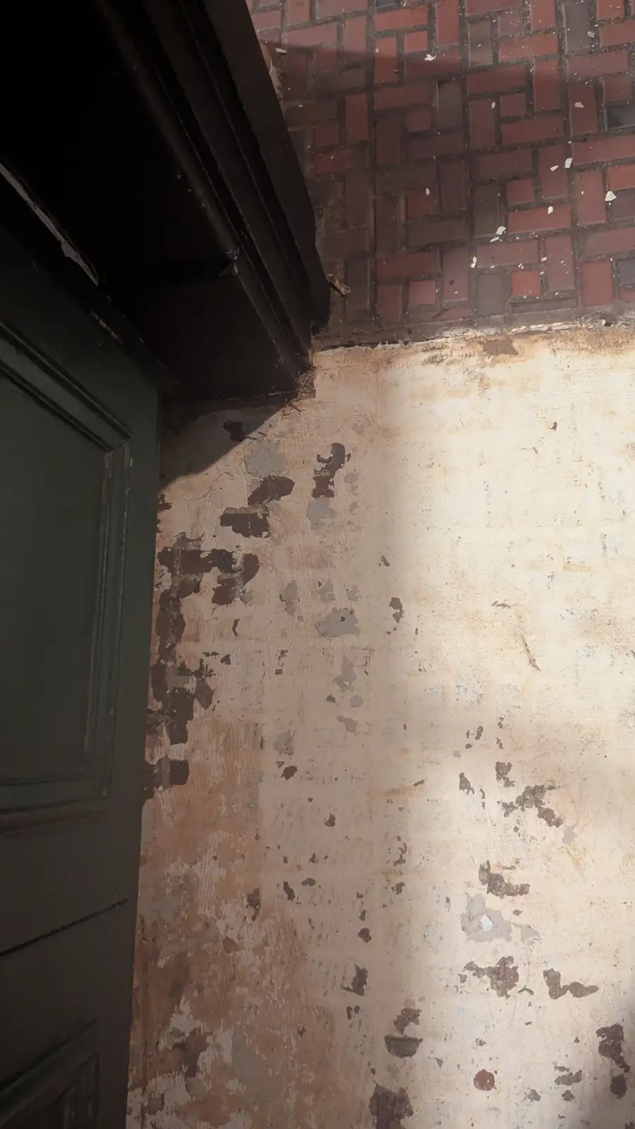 A close-up photo shows a corner where a dark green door meets a wall with peeling, stained paint. Above the wall is a red…