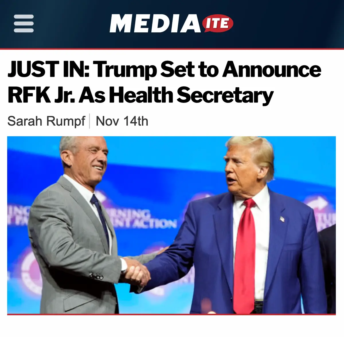 The image shows a screenshot of a fake news article from 'MEDIA ITE' with the headline 'JUST IN: Trump Set to Announce RFK…