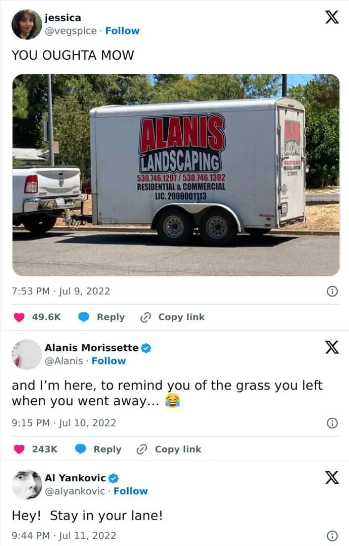 A screenshot of a Twitter thread shows a user posting a photo of a white trailer with 'ALANIS LANDSCAPING' and contact info…