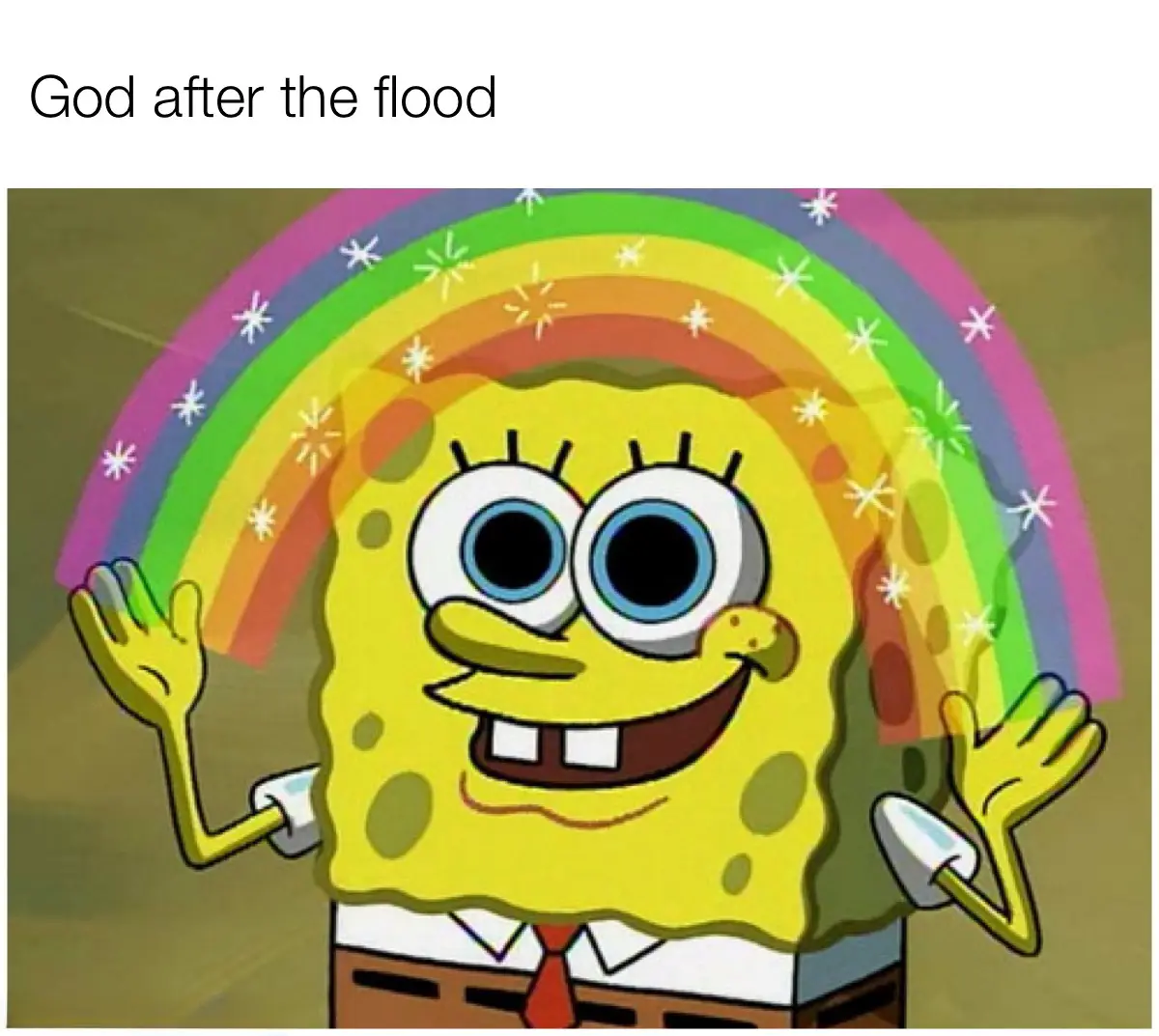 The image shows the cartoon character SpongeBob SquarePants with a wide, cheerful smile and raised hands, standing in front…