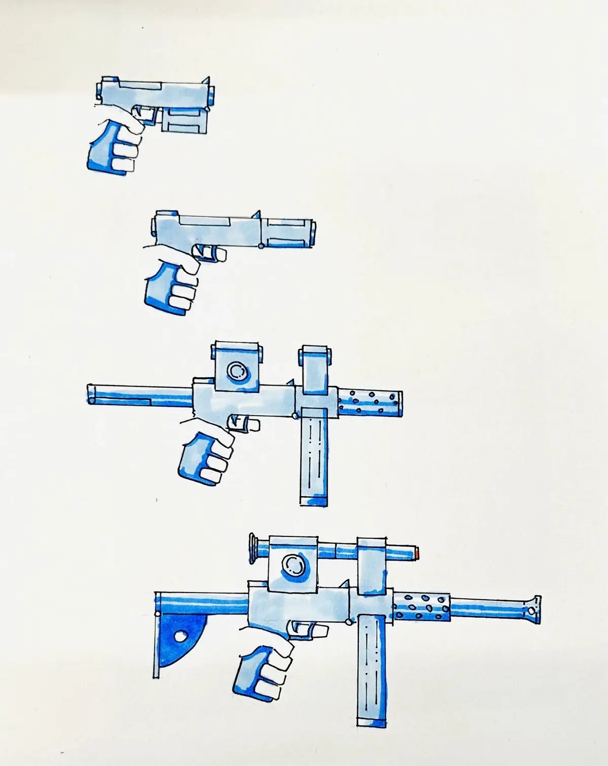A hand-drawn illustration in blue ink shows four progressively more complex firearms, starting with a simple pistol and…
