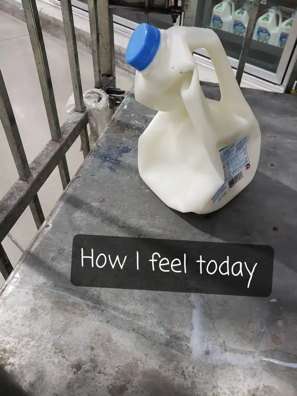 A plastic jug of low-fat milk with a blue cap is tilted on a metal surface, spilling milk onto the floor. A black text box…