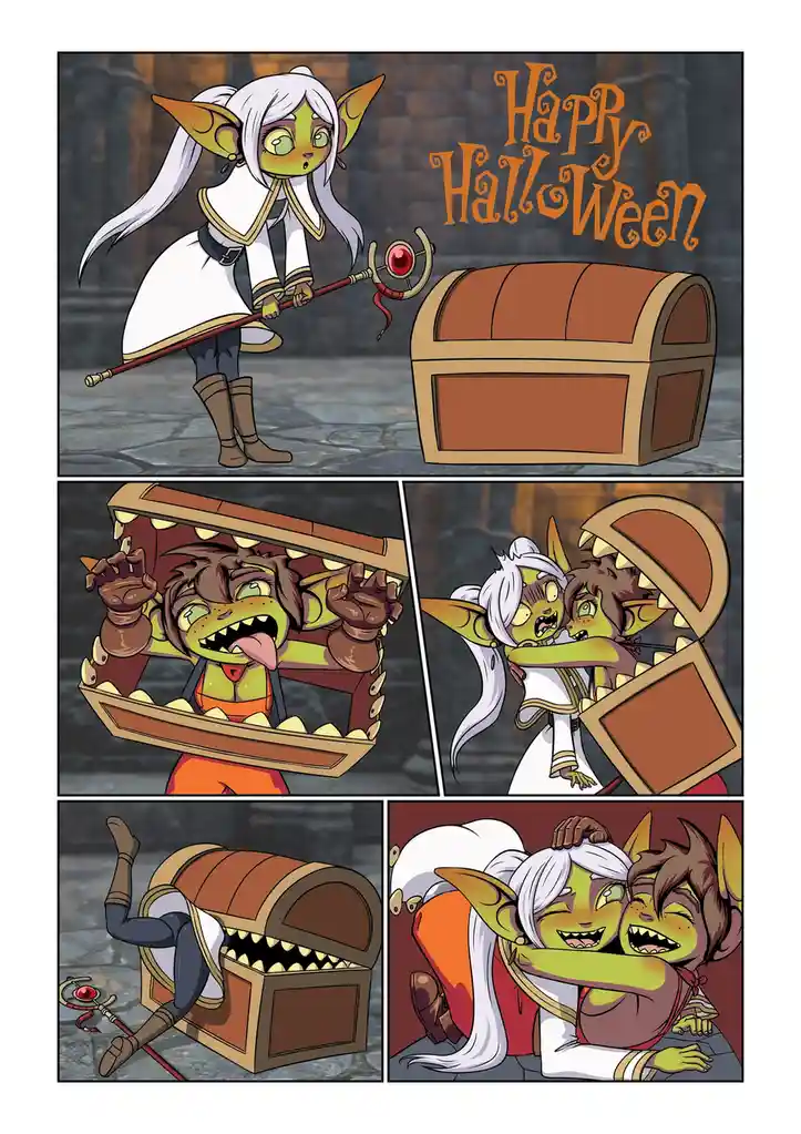A four-panel comic strip shows a green-skinned, white-haired elf-like character with pointed ears standing beside a treasure…