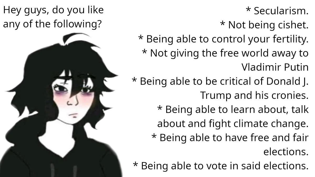 An anime-style character with dark hair and a somber expression asks if viewers like any of the listed items, which include…