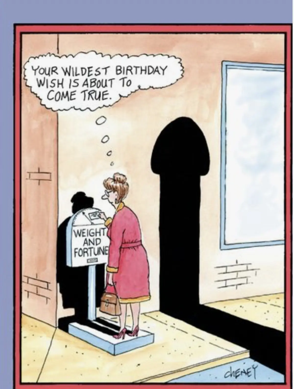 A woman in a pink coat stands on a scale labeled 'WEIGHT AND FORTUNE' while looking at the reading. Her thought bubble says…