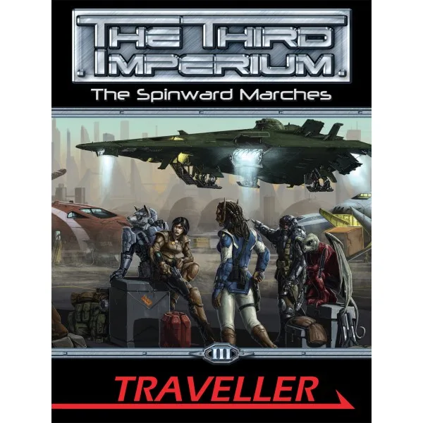 A science fiction game cover for 'Traveller: The Third Imperium - The Spinward Marches' shows five diverse alien and human…