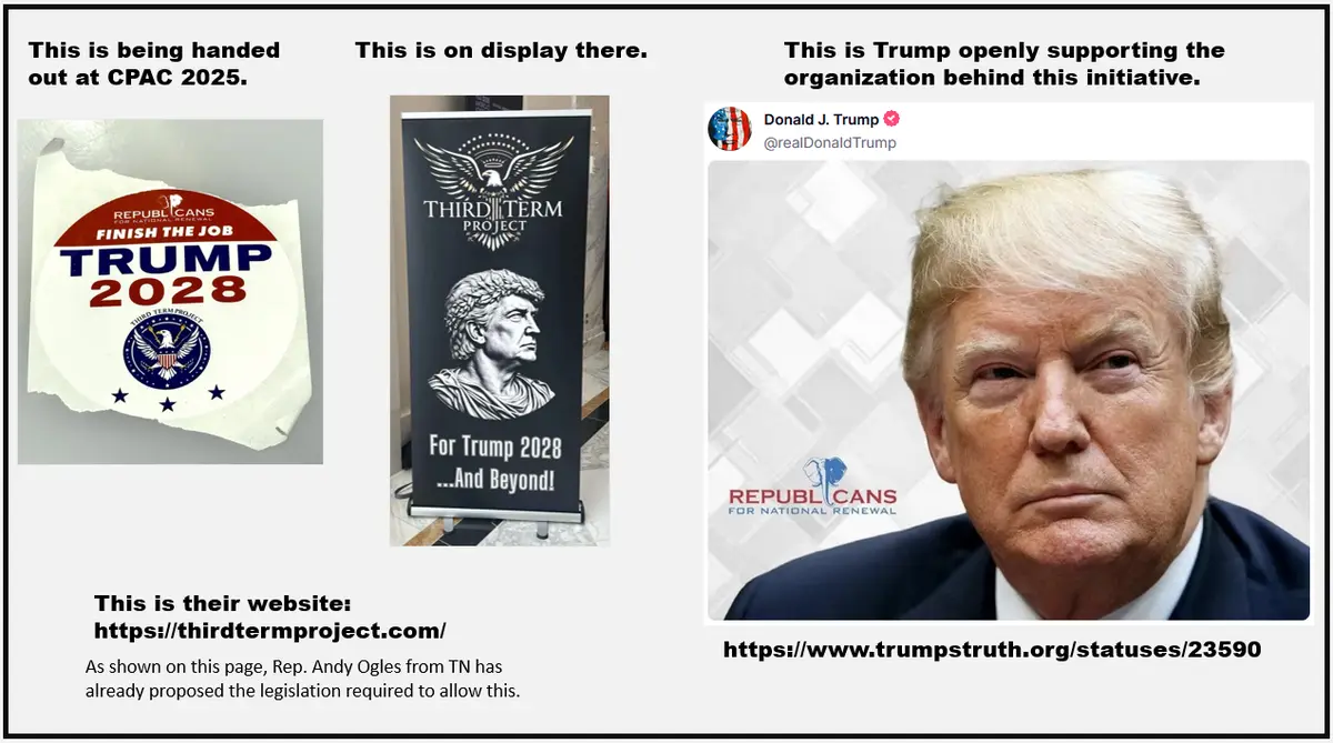 The image is a collage showing a 'TRUMP 2028' sticker, a 'Third Term Project' banner with a Roman bust, and a screenshot of…