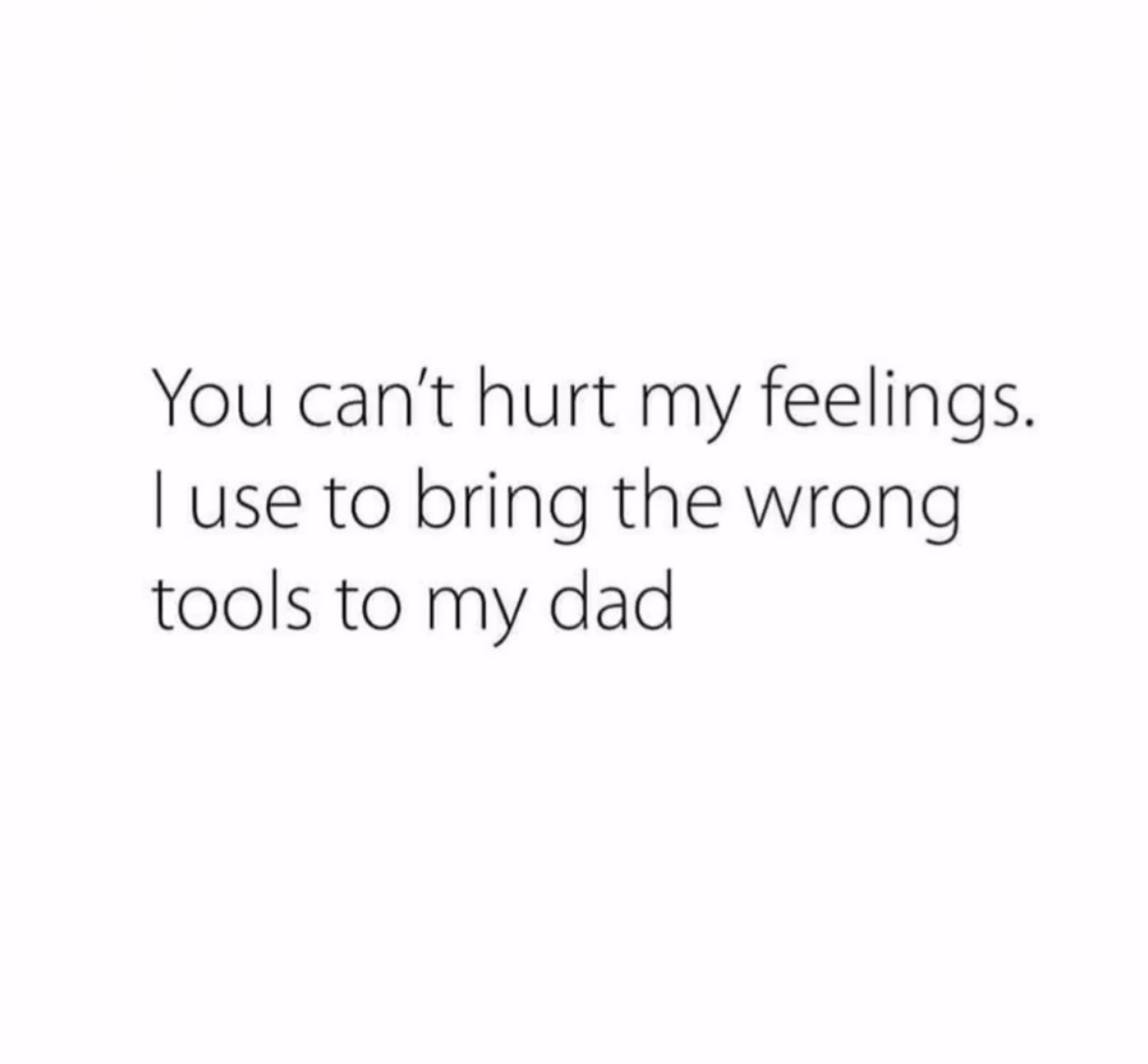 A plain white background with centered black text that reads: 'You can't hurt my feelings. I use to bring the wrong tools to…