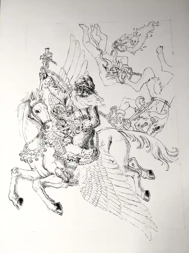 A black-and-white line drawing depicts Santa Claus riding a winged horse, holding a cross and chains, while surrounded by…