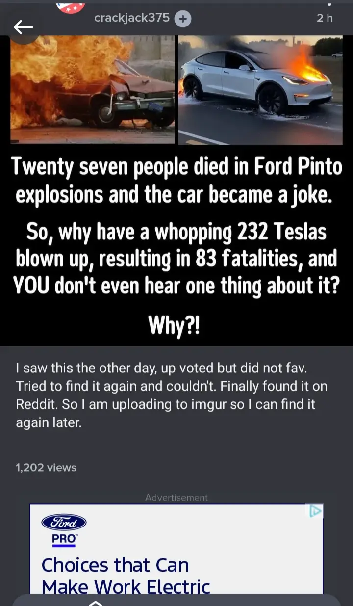 The image displays two side-by-side photos: a vintage Ford Pinto engulfed in flames on the left, and a modern white Tesla…
