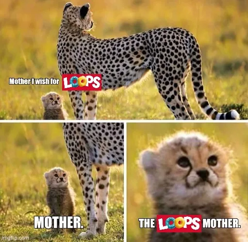 A three-panel meme featuring a cheetah mother and her cub. In the top panel, the cub looks up at its mother with text saying…