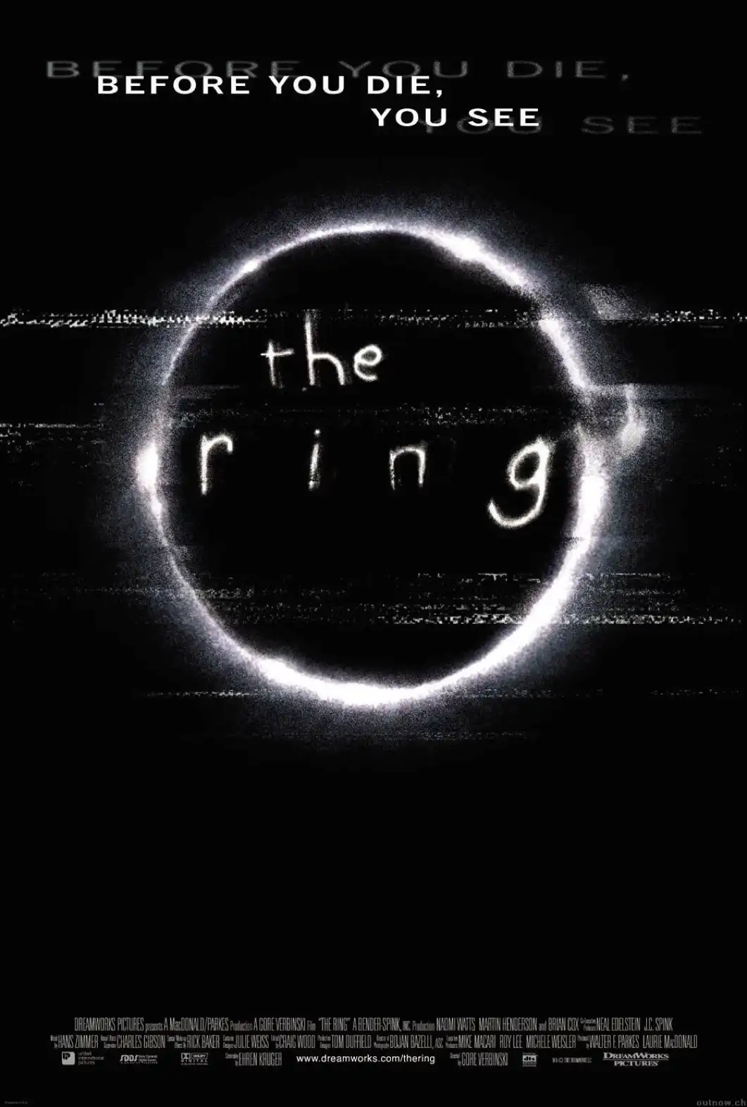 A black-and-white movie poster for 'The Ring' with a glowing white ring in the center and text at the top reading 'BEFORE…