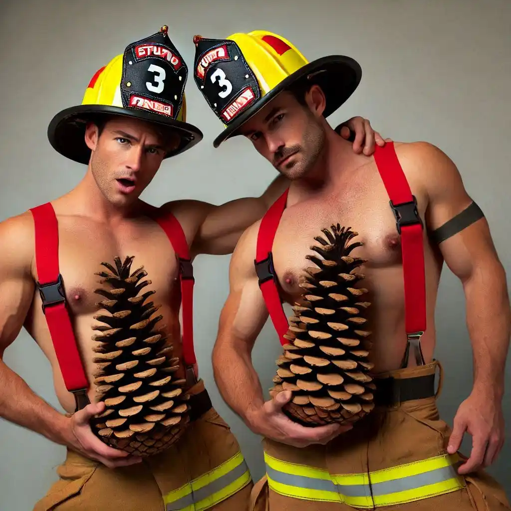 Two shirtless men in firefighter gear, including helmets marked 'STUND 3' and suspenders, each holding a large pinecone over…