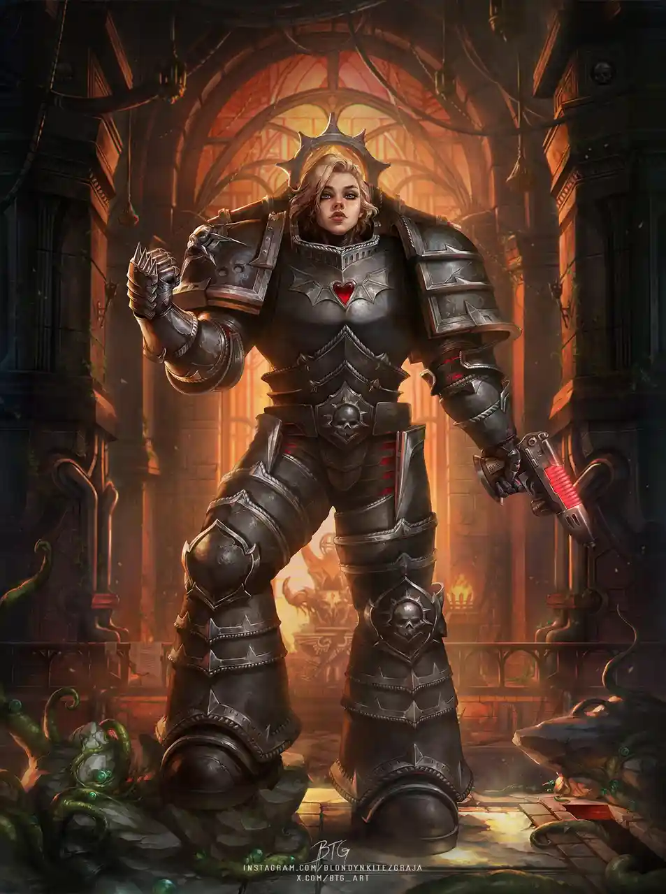 A woman in ornate, heavy dark armor with skull motifs and a red heart emblem stands in a gothic, decaying cathedral-like…