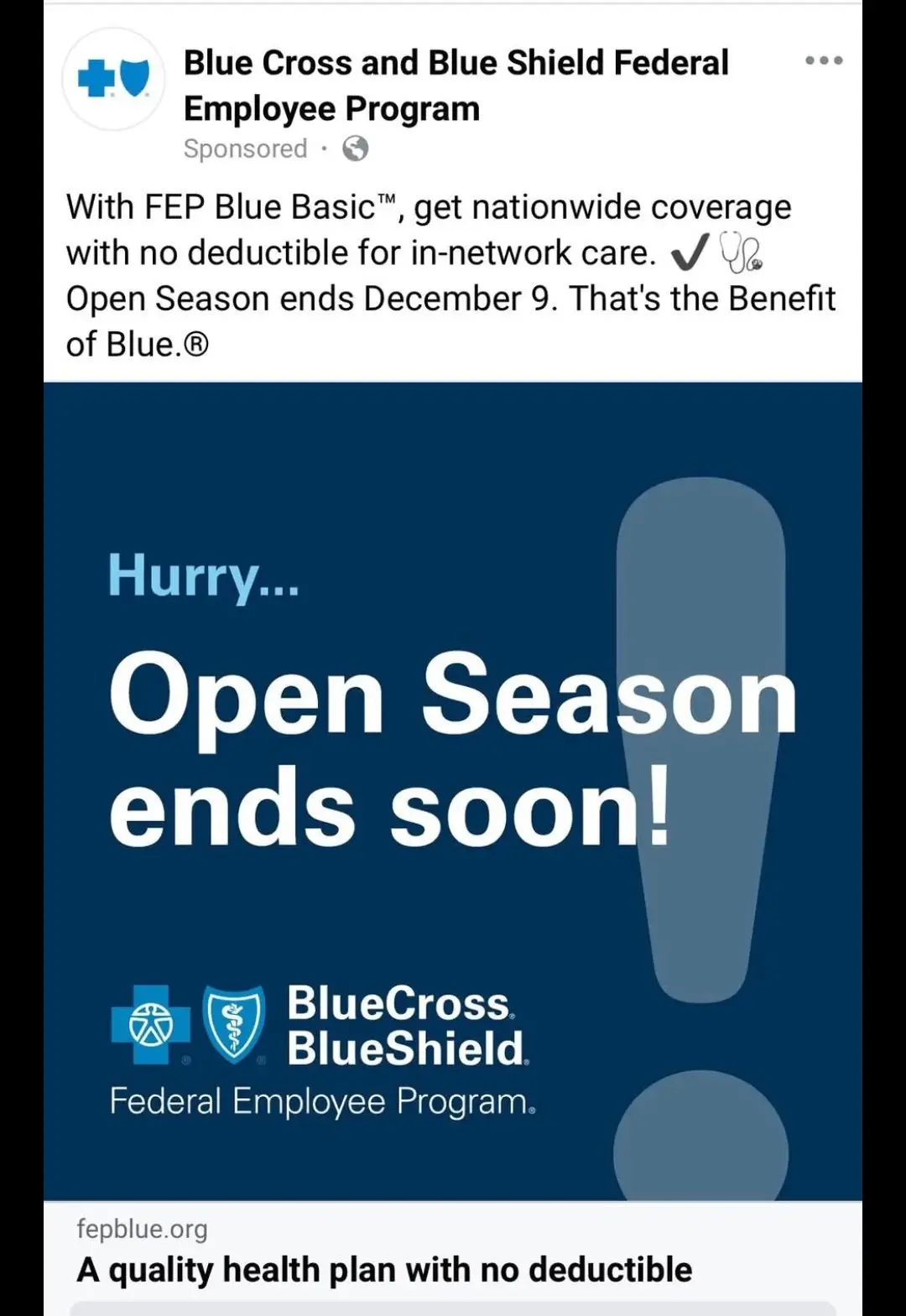 A screenshot of a sponsored Facebook ad from Blue Cross and Blue Shield Federal Employee Program promoting FEP Blue Basic™…