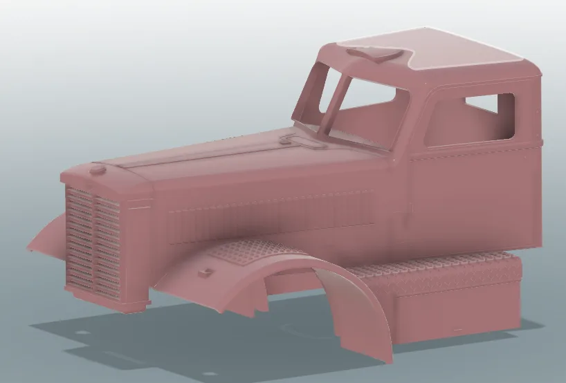 A 3D rendered pink truck chassis without wheels or engine, showing its bare metal frame and open windows. The overlaid text…