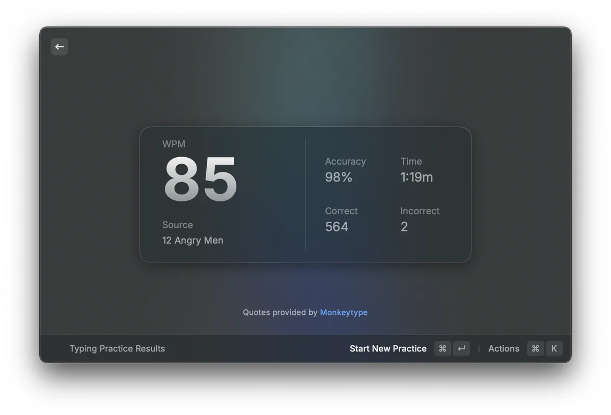 A screenshot of a typing practice results screen from Monkeytype showing a score of 85 WPM, 98% accuracy, and only 2…