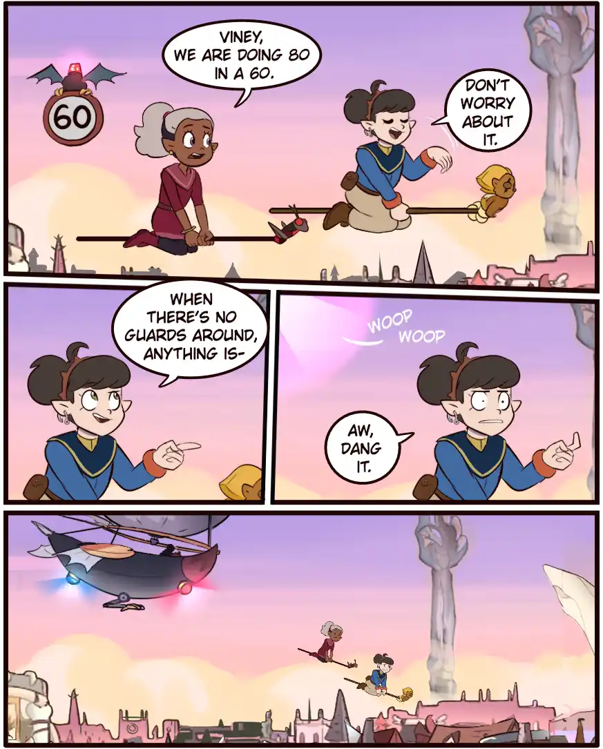 A comic strip shows two characters flying on broomsticks over a city. One character points out they are speeding at 80 in a…