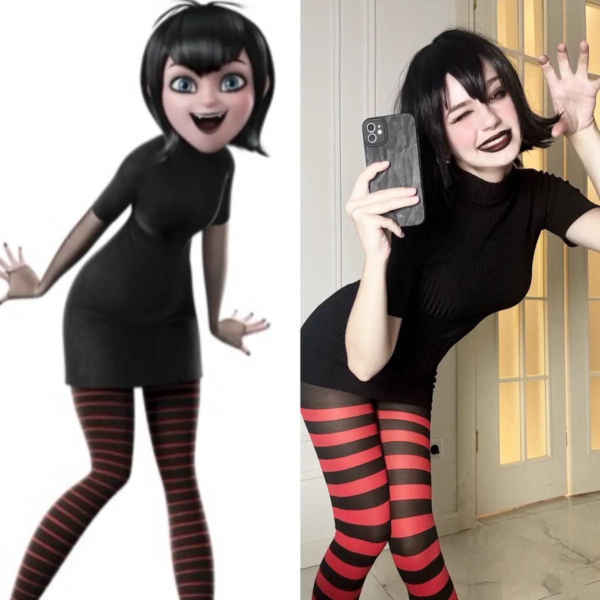 The image displays a side-by-side comparison: on the left, the animated character Mavis from 'Hotel Transylvania' in a black…