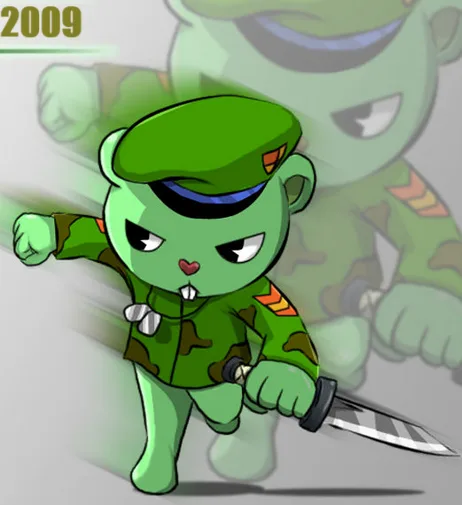A green cartoon character in military fatigues and beret, holding a knife and running forward with a determined expression…
