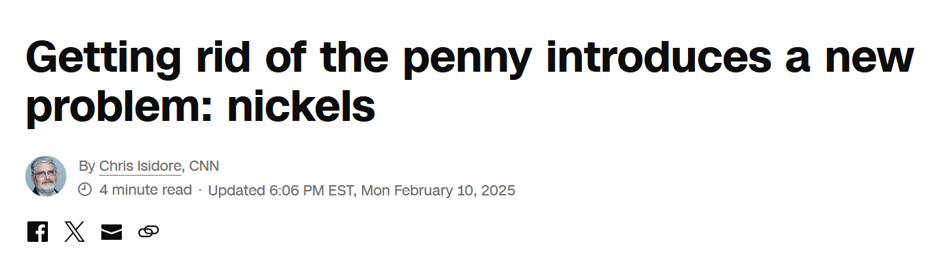 The image displays a screenshot of a CNN article headline that reads 'Getting rid of the penny introduces a new problem…