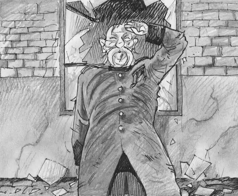A black-and-white sketch shows a cartoonish man in a military-style uniform bursting through a brick wall, with debris…