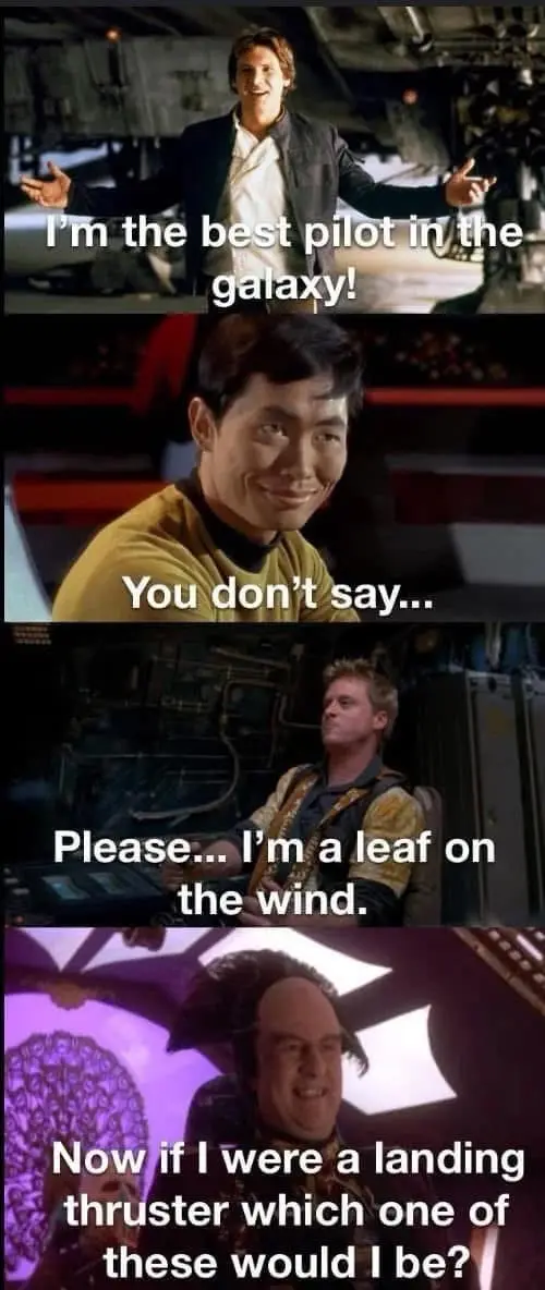 A four-panel meme featuring characters from Star Wars and Star Trek. The first panel shows Han Solo with arms outstretched…