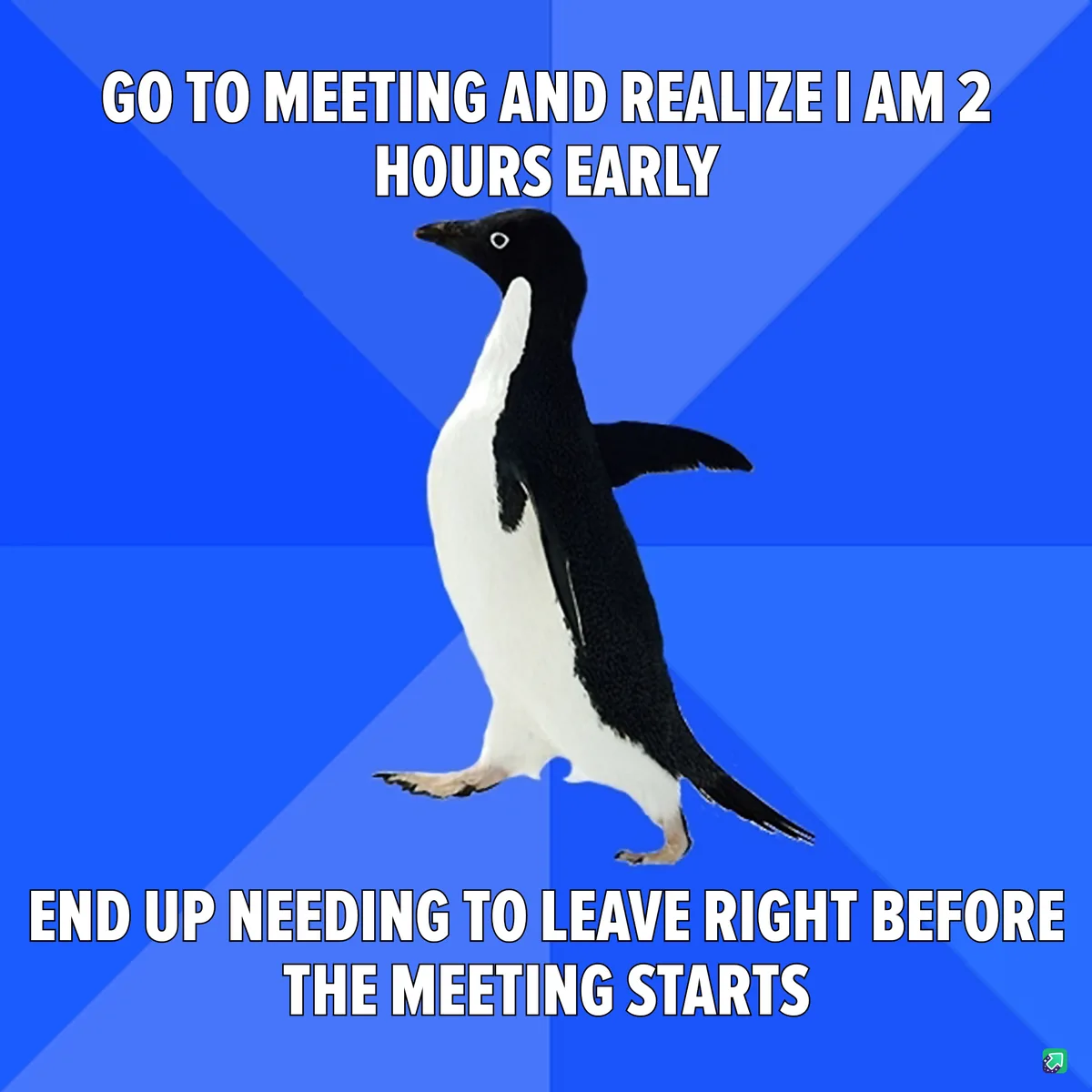 A penguin stands against a blue background with diagonal light rays. The text at the top reads 'GO TO MEETING AND REALIZE I…
