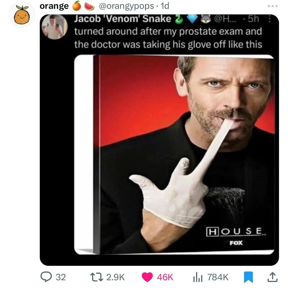 A screenshot of a tweet by 'orange' showing a photo of actor Hugh Laurie as Dr. House from the TV show 'House' on FOX. In…