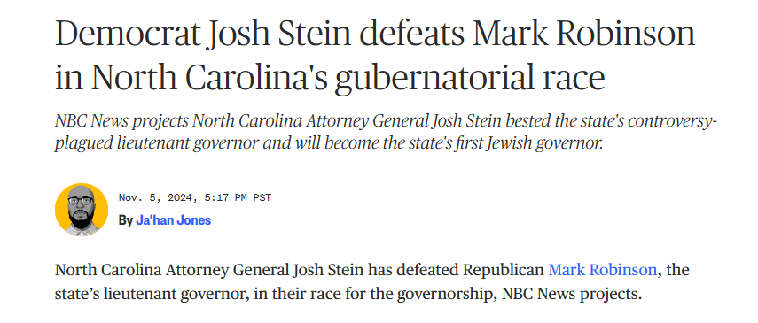 A screenshot of an NBC News article headline announcing Democrat Josh Stein's victory over Republican Mark Robinson in North…