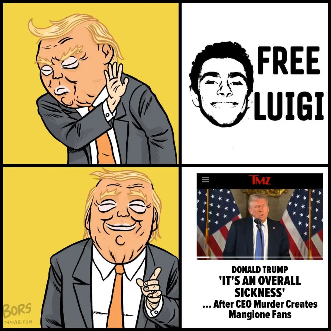 This four-panel meme features cartoon Donald Trump in the top-left panel waving dismissively, and in the bottom-left panel…