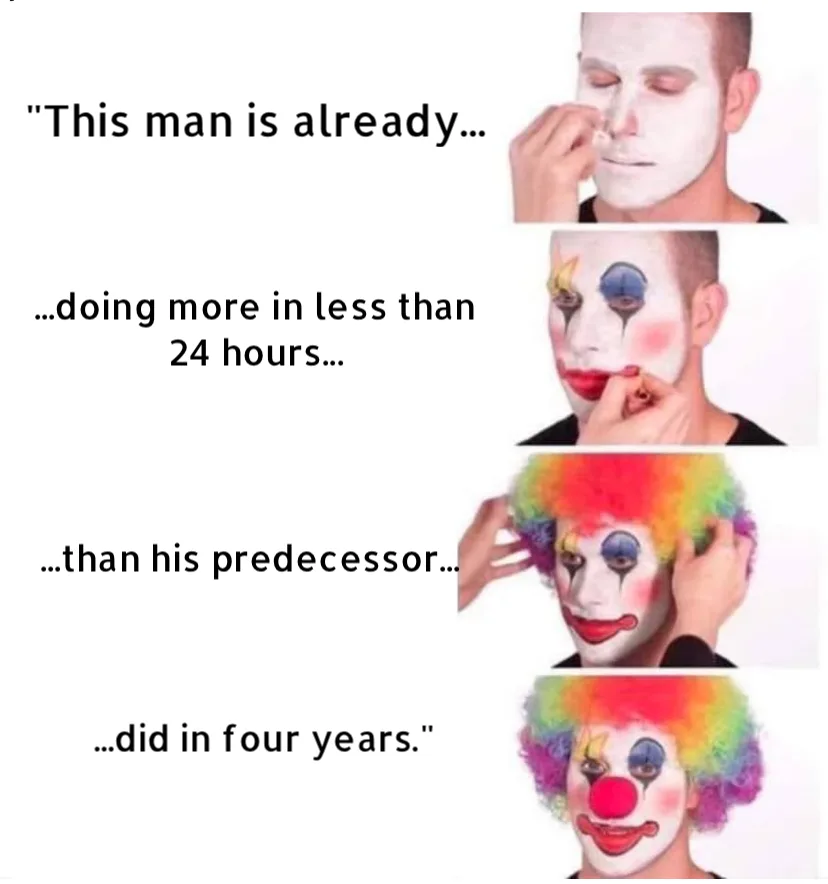 A four-panel image shows a man progressively applying clown makeup: first white base, then eye makeup, then a rainbow wig…
