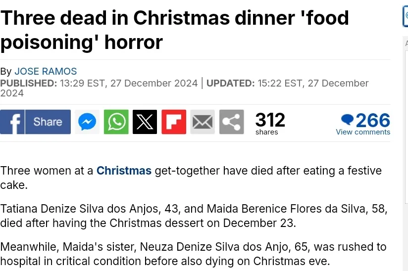 A screenshot of a news article with the headline 'Three dead in Christmas dinner 'food poisoning' horror' by Jose Ramos…