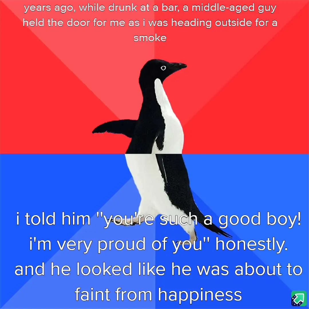 A penguin stands centered against a red and blue background, split horizontally. White text overlays the image in two…