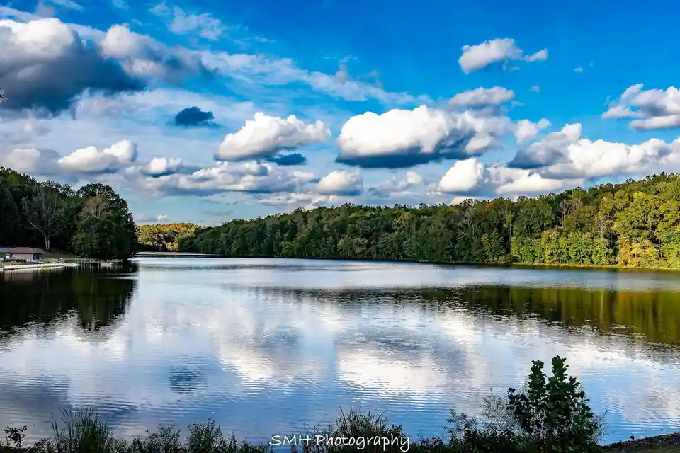 A serene landscape photograph shows a calm lake reflecting a vibrant blue sky with fluffy white clouds and a dense forest…