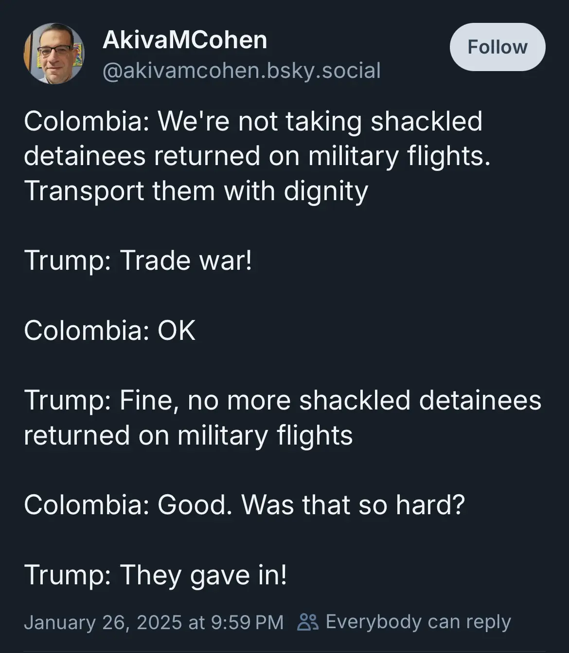 A screenshot of a social media post by AkivaMCohen showing a fictional dialogue between Colombia and Trump. The text depicts…