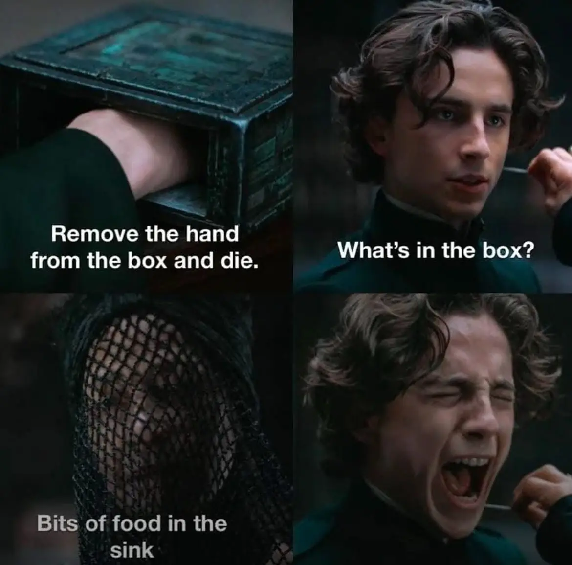 A four-panel meme from the movie 'The Woman in the Window' featuring a hand in a box, a man asking 'What's in the box?', a…