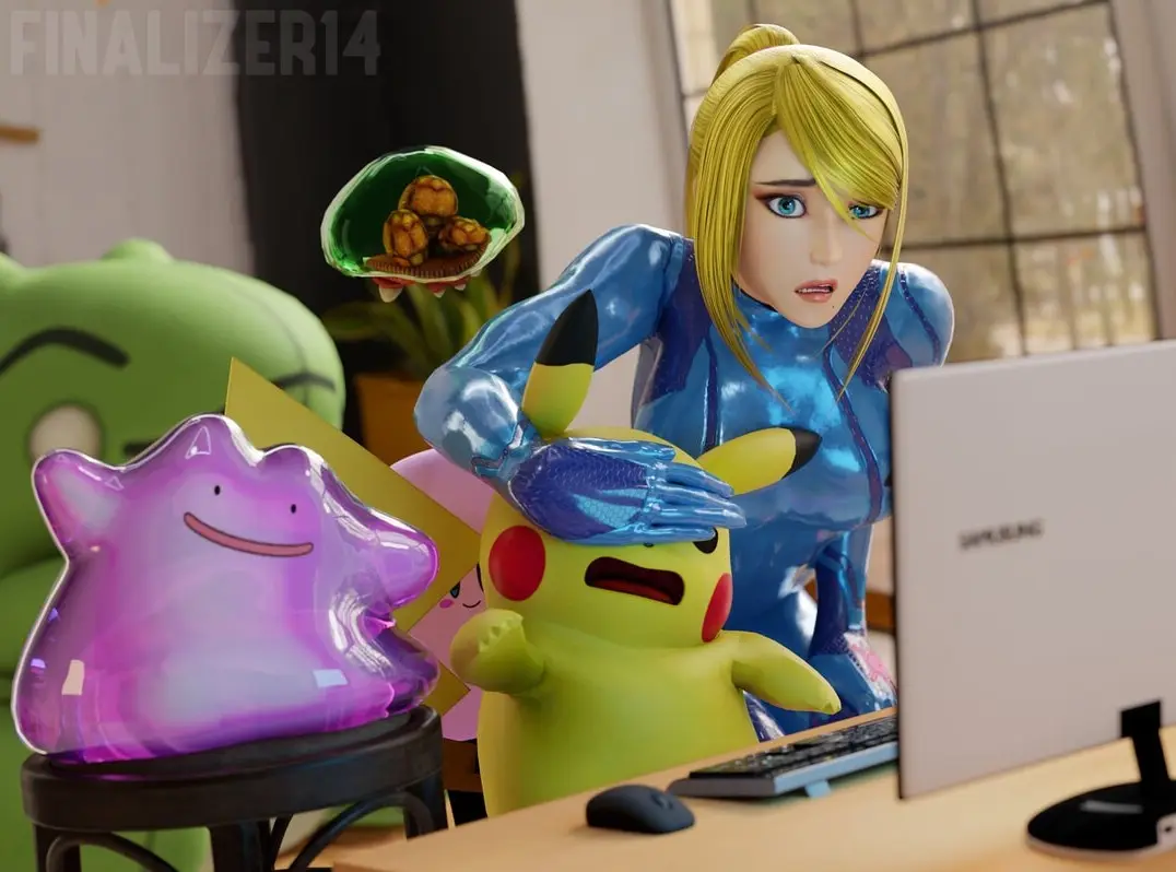 A digitally rendered image shows a blonde woman in a blue futuristic suit leaning over a desk, her gloved hand covering…
