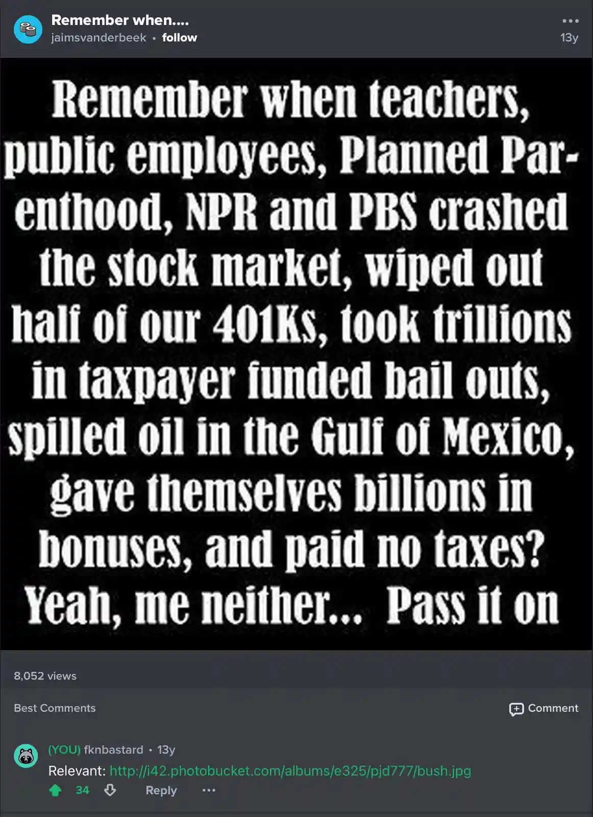 A black background with large white text listing a series of exaggerated and false claims about teachers, public employees…