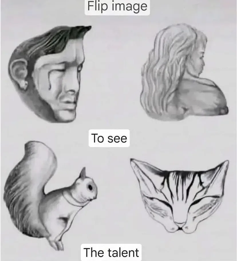 A black-and-white image displays four pencil sketches: a crying man's face, a woman's profile, a squirrel, and a cat's face…