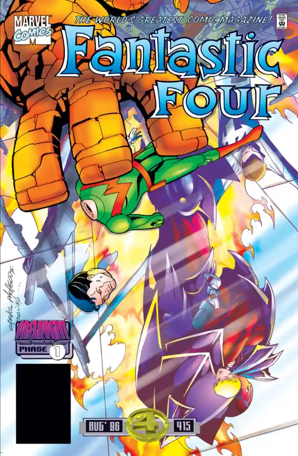 The cover of Marvel Comics' Fantastic Four issue #415 from August 1996, featuring the team in action: the Thing dominates…