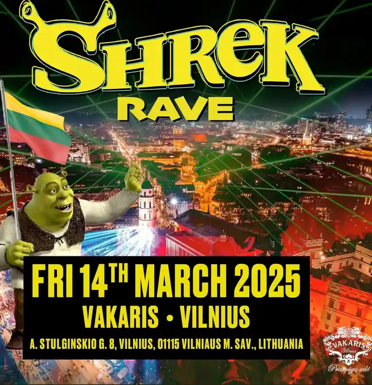 An image of the animated character Shrek holding a Lithuanian flag, superimposed on a nighttime cityscape of Vilnius with…